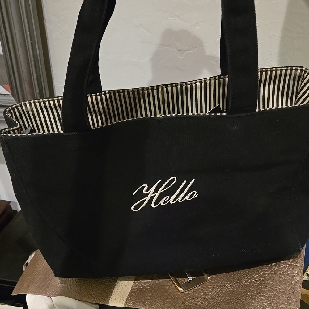 Kate Spade Black Tote Bag Hello Goodbye with Striped Interior